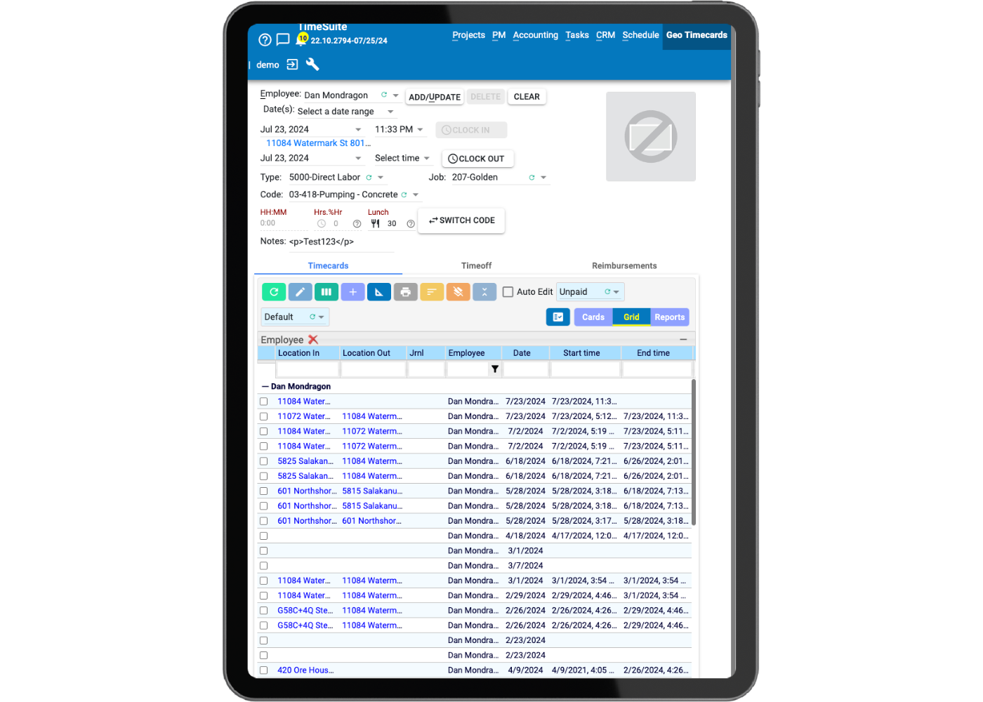 9 TimeSuite construction accounting software payroll timecard entry interface.